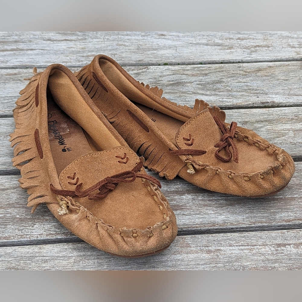 BearPaw Women's SIZE 7 Suede Moccasins Loafers Flats Fringe 486W Camel Brown